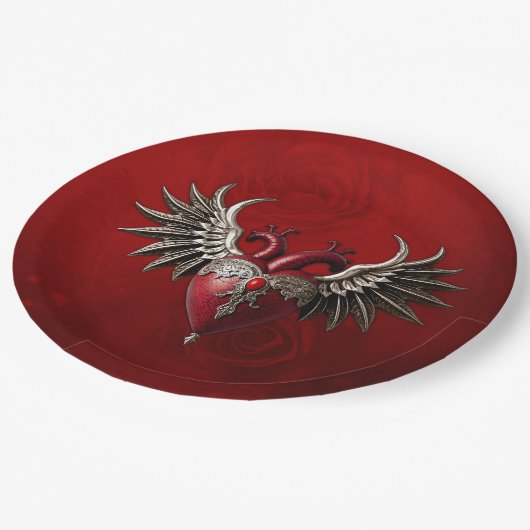 Romantisch gotisch icoon: hart, roos, schedel. papieren bordje (Gekanteld)