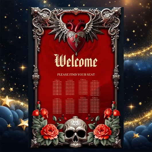 Romantisch gotisch icoon: hart, roos, schedel. poster