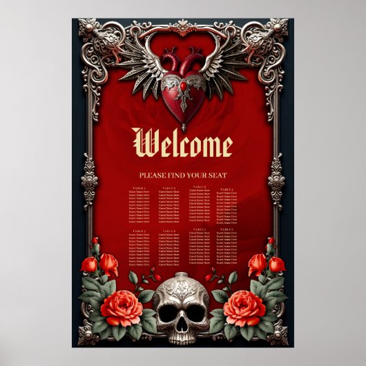 Romantisch gotisch icoon: hart, roos, schedel. poster (Voorkant)