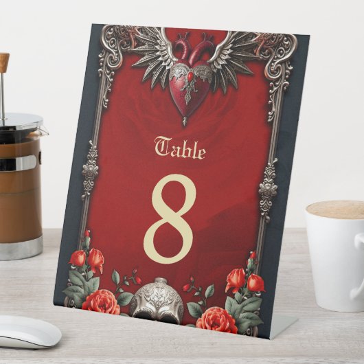 Romantisch gotisch icoon: hart, roos, schedel. reclamebord met voetstuk (Insitu)