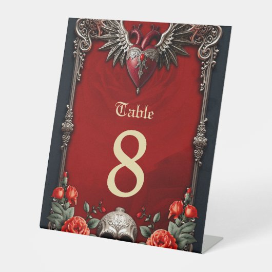 Romantisch gotisch icoon: hart, roos, schedel. reclamebord met voetstuk (Voorkant)