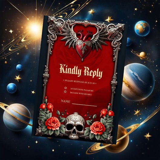 Romantisch gotisch icoon: hart, roos, schedel. RSVP kaartje