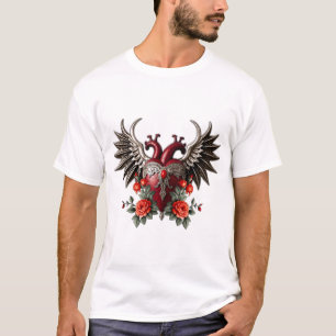 Romantisch gotisch icoon: hart, roos, schedel. t-shirt