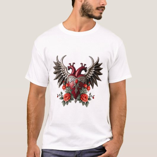 Romantisch gotisch icoon: hart, roos, schedel. t-shirt (Voorkant)