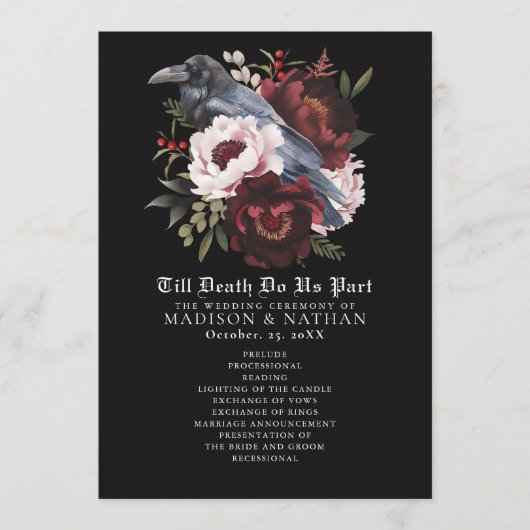 Romantisch gotisch waterverf raven trouwprogramma programmakaart (Voorkant)