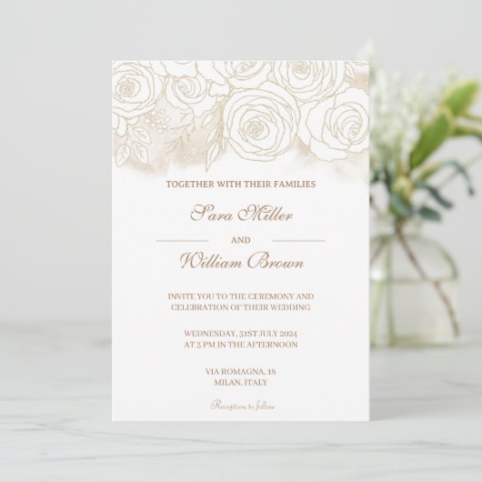 Romantisch Goud Bloemen Roos Modern Bruiloft Kaart (Staand voorkant)