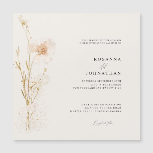 Romantisch goud & blos geperste bloemen bruiloft  magnetische uitnodiging (Voorkant)