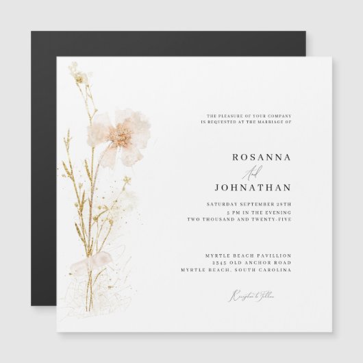 Romantisch Goud & Blush Geperst Bloemen Bruiloft Magnetische Uitnodiging (Voorkant / Achterkant)