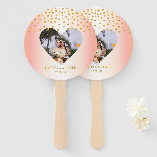 Romantisch goud confetti op roze goud gepersonalis handwaaier (Voorkant en achterkant)