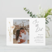 Romantisch Goud en Blush Geperst Bloemen Foto Save The Date (Staand voorkant)