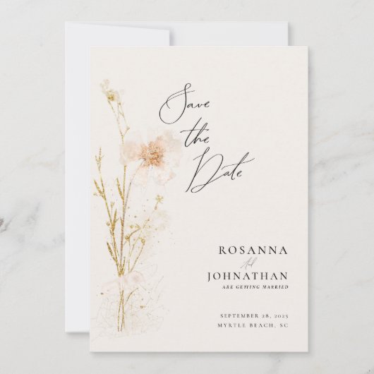 Romantisch Goud en Blush Geperst Bloemen Foto Save The Date (Voorkant)