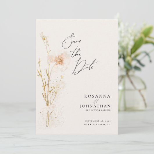 Romantisch Goud en Blush Geperst Bloemen Foto Save The Date (Staand voorkant)