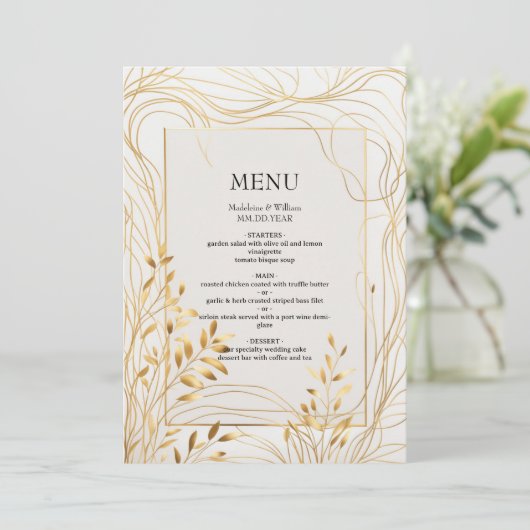 Romantisch goud en eucalyptus bruiloft menu (Staand voorkant)