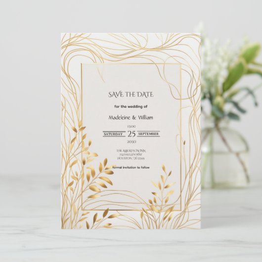 Romantisch goud en eucalyptus bruiloft save the date (Staand voorkant)