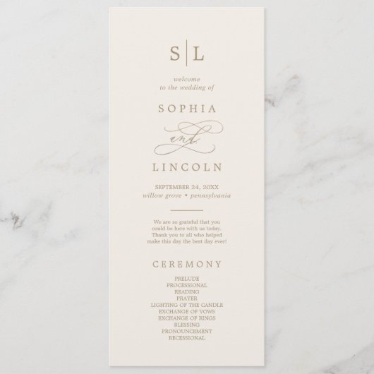 Romantisch Goud en Ivoor Monogram Huwelijksprogram Programmakaart (Voorkant)