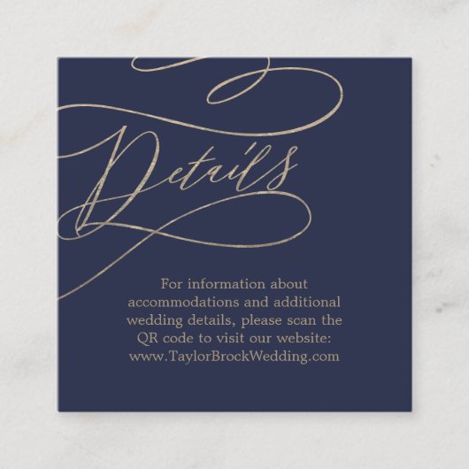 Romantisch Goud en Marine QR Code Bruiloft Details Informatiekaartje (Voorkant)