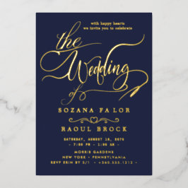 Romantisch goud folie | Navy blauwe lijst bruiloft Uitnodiging