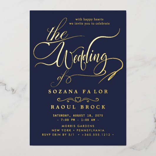 Romantisch goud folie | Navy blauwe lijst bruiloft Uitnodiging (Voorkant)