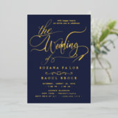 Romantisch goud folie | Navy blauwe lijst bruiloft Uitnodiging (Staand Voorkant)