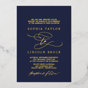 Romantisch goud folie Navy Bloemrijke Formele Br Uitnodiging