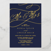 Romantisch goud folie | Navy Blue Mr & Mrs Trouwfe Uitnodiging (Voorkant)