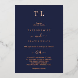 Romantisch goud folie navyblauw monogram trouwen  uitnodiging