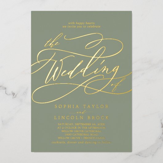 Romantisch goud folie | Salie Bloei De Bruiloft Va Folie Uitnodiging (Voorkant)