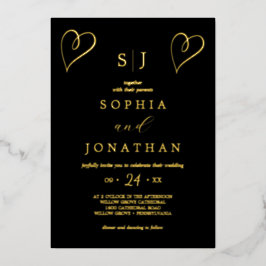 Romantisch goud folie | Zwarte monogram bruiloft Uitnodiging