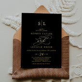 Romantisch goud folie | Zwarte monogram bruiloft Uitnodiging