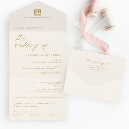 Romantisch Goud Ivoor Delicaat Script Bruiloft All In One Uitnodiging