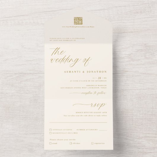 Romantisch Goud Ivoor Delicaat Script Bruiloft All In One Uitnodiging (Binnen)