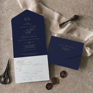 Romantisch goud kalligrafie Navy monogram trouwe All In One Uitnodiging