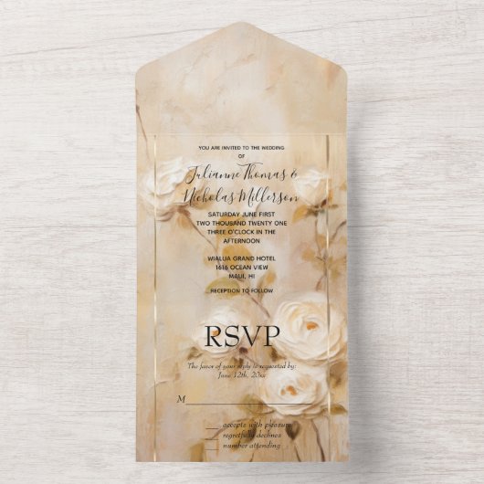 Romantisch Goud Wit Rozen All In One Uitnodiging (Binnen)