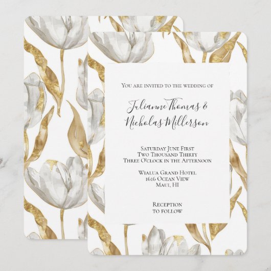 Romantisch Goud Witte Tulpen Bloemen Huwelijk Kaart (Voorkant / Achterkant)