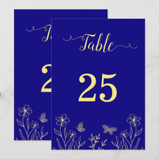 Romantisch gouden bloem koninklijk blauw tafelnumm kaart (Voorkant / Achterkant)