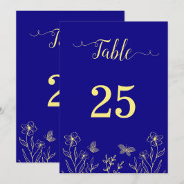 Romantisch gouden bloem koninklijk blauw tafelnumm kaart