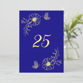 Romantisch gouden bloem koninklijk blauw tafelnumm kaart