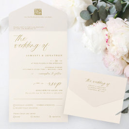 Romantisch Gouden Ivoor Fijne Script Trouwkaart All In One Uitnodiging