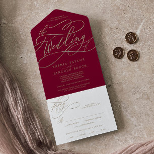 Romantisch gouden kalligrafie burgundy de bruiloft all in one uitnodiging