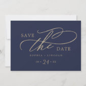 Romantisch Gouden Kalligrafie Marine QR Code Horiz Save The Date (Voorkant)