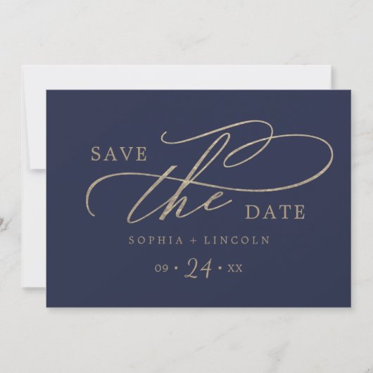 Romantisch Gouden Kalligrafie Marine QR Code Horiz Save The Date (Voorkant)