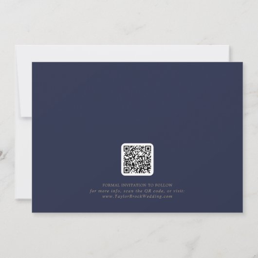 Romantisch Gouden Kalligrafie Marine QR Code Horiz Save The Date (Achterkant)