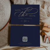 Romantisch Gouden Kalligrafie Marine QR Code Horiz Save The Date