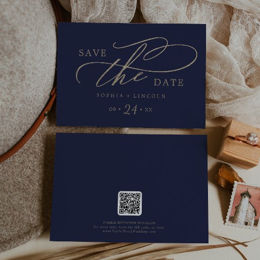 Romantisch Gouden Kalligrafie Marine QR Code Horiz Save The Date
