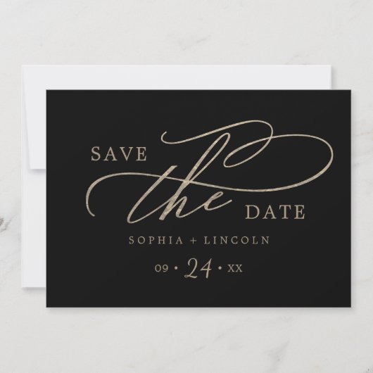 Romantisch Gouden Kalligrafie Zwart QR Code Horizo Save The Date (Voorkant)