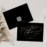 Romantisch Gouden Kalligrafie Zwart QR Code Horizo Save The Date<br><div class="desc">Deze romantische gouden kalligrafie zwart QR code horizontaal opslaan van de datum kaart is perfect voor een eenvoudige bruiloft. Het moderne klassieke ontwerp heeft fancy wervelingen en grillige bloei met prachtige elegante handgelinkte faux champagne gouden typografie. Let op: Dit ontwerp heeft geen echte gouden folie. Het is een hoogwaardige afbeelding...</div>
