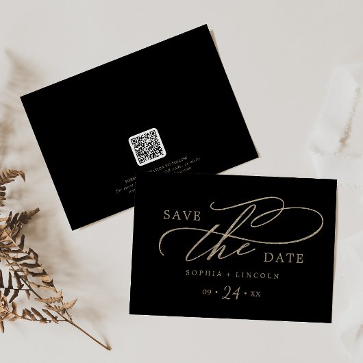 Romantisch Gouden Kalligrafie Zwart QR Code Horizo Save The Date
