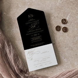 Romantisch gouden kalligrafie | Zwarte monogram br All In One Uitnodiging