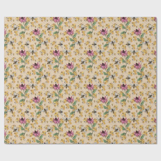 Romantisch Gouden Koningin Bij, Honingraat & Bloem Cadeaupapier (Vlak)