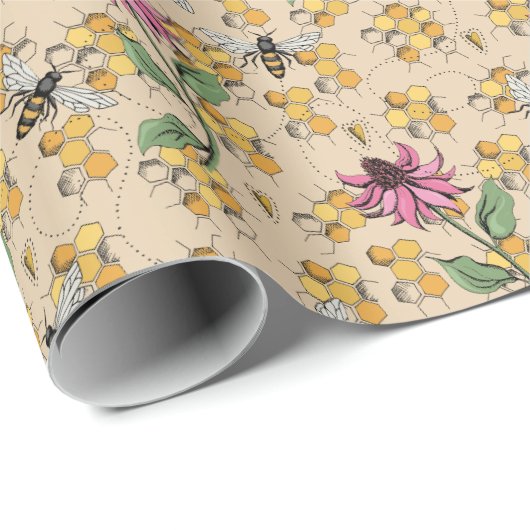 Romantisch Gouden Koningin Bij, Honingraat & Bloem Cadeaupapier (Rol Hoek)